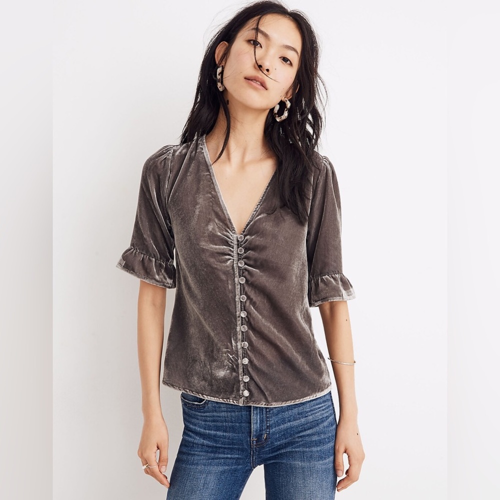 Madewell Gray Business Casual Velvet Daylight Blouse Top Size 0 EUC